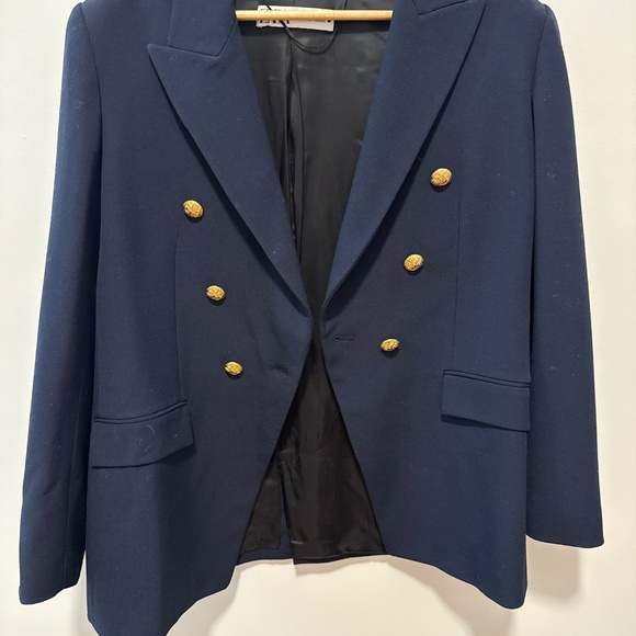 ZARA Navy Blue Double-Breasted Gold Button Blazer - Picture 4 of 4